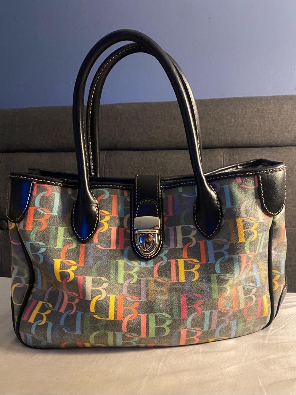 Vintage Dooney & Bourke Multicolor Monogram DB75 Lock Tote Shoulder Bag